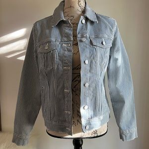 Blue & white striped jean jacket. Size Small